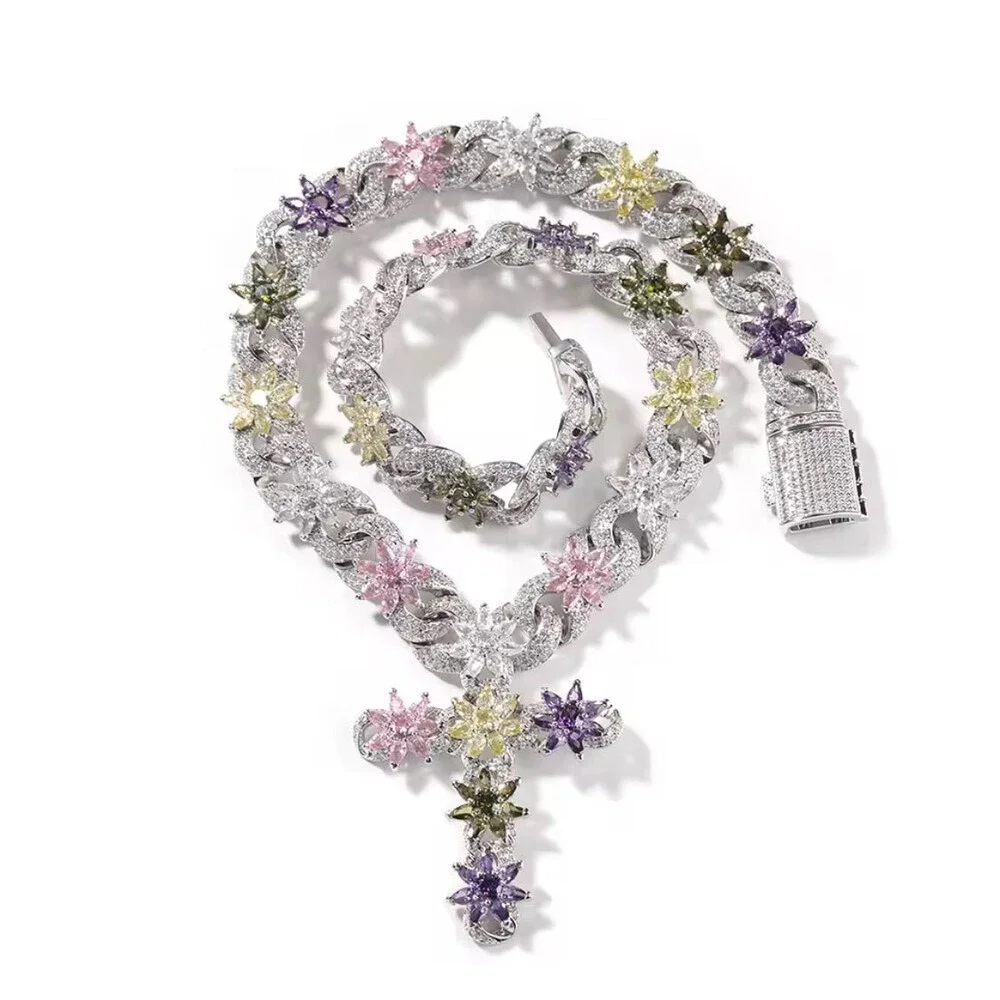 Colorful Flower Cross Pend Cuban Chain Necklace 18inch